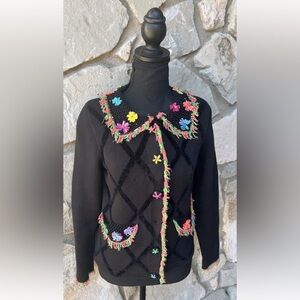 Vintage Jack B Quick‎ Cardigan Sweater PS XS Black Raffia Flower Fringe